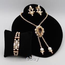 White Milk Glass & Rhinestone Lariat Pendant Necklace Bracelet Earring Set