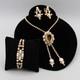 White Milk Glass & Rhinestone Lariat Pendant Necklace Bracelet Earring Set