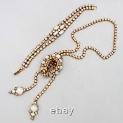 White Milk Glass & Rhinestone Lariat Pendant Necklace Bracelet Earring Set