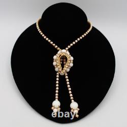 White Milk Glass & Rhinestone Lariat Pendant Necklace Bracelet Earring Set