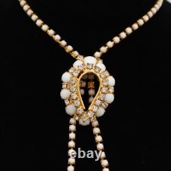 White Milk Glass & Rhinestone Lariat Pendant Necklace Bracelet Earring Set