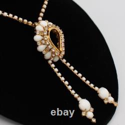 White Milk Glass & Rhinestone Lariat Pendant Necklace Bracelet Earring Set