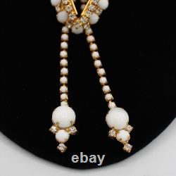 White Milk Glass & Rhinestone Lariat Pendant Necklace Bracelet Earring Set