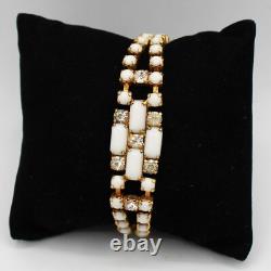 White Milk Glass & Rhinestone Lariat Pendant Necklace Bracelet Earring Set