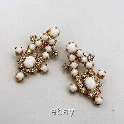 White Milk Glass & Rhinestone Lariat Pendant Necklace Bracelet Earring Set