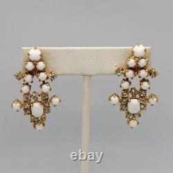 White Milk Glass & Rhinestone Lariat Pendant Necklace Bracelet Earring Set