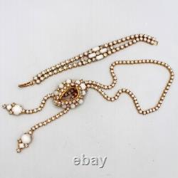 White Milk Glass & Rhinestone Lariat Pendant Necklace Bracelet Earring Set