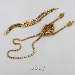 White Milk Glass & Rhinestone Lariat Pendant Necklace Bracelet Earring Set