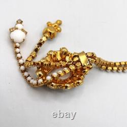 White Milk Glass & Rhinestone Lariat Pendant Necklace Bracelet Earring Set
