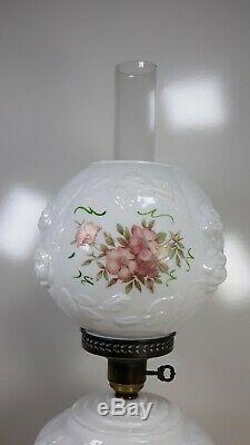 White Puffy Wild Rose Milk Glass Gone With the Wind Turnkey 3 Way Hurricane Lamp
