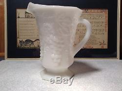 White milk Glass Vintage Pitcher with Grapes Raised Design