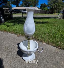 White milk Glass hobnail Table Lamp with Fluted Glass Shade, Corded Plug
