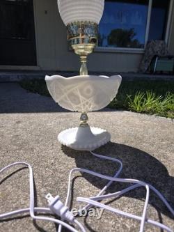 White milk Glass hobnail Table Lamp with Fluted Glass Shade, Corded Plug