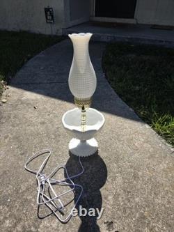 White milk Glass hobnail Table Lamp with Fluted Glass Shade, Corded Plug