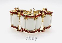 Wide Curved White Milk Chiclet Glass & Orange Rhinstone Bracelet Vintage Jewelry