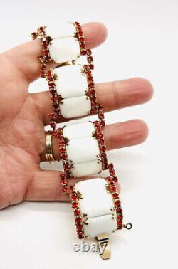 Wide Curved White Milk Chiclet Glass & Orange Rhinstone Bracelet Vintage Jewelry